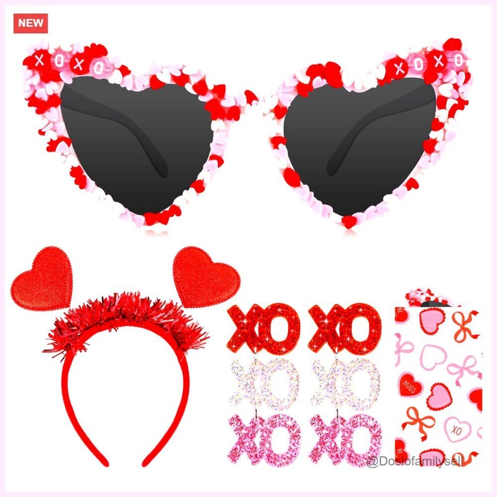 Heart Sunglasses Sequin Headband Glitter Earrings Set Valentine's Party
